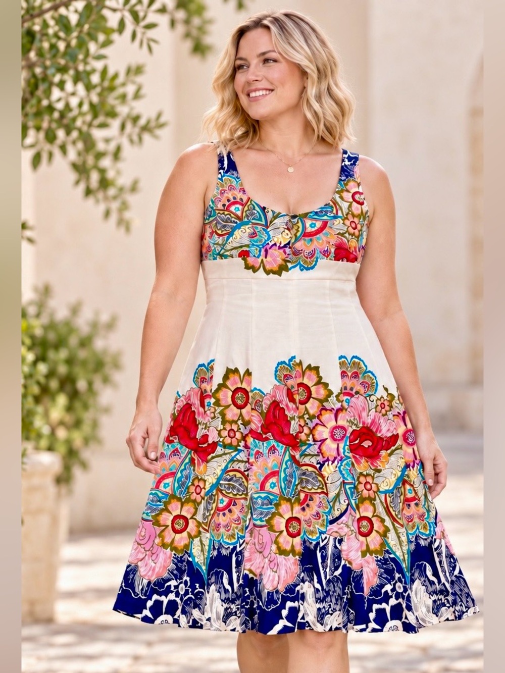 Nine West Floral Border Print Empire Waist Cotton Sundress 12 - Picture 2 of 11